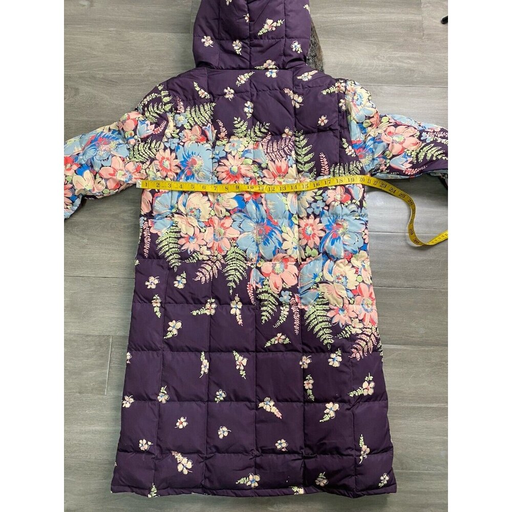 Sundance Hooded Down Puffer Coat Parka Purple Floral Fur Trim Size Small - Picture 2 of 10